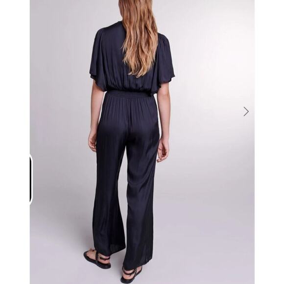 Maje $345 Black Satin Pant Jumpsuit Elastic Waist Size 42/ XL Flutter Sleeves - Picture 2 of 11